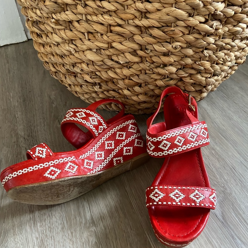 tory burch deep orange sandal wedge/platform shoe, size 8.5